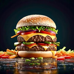 Burger: bun with double beef patty, cheese, vegetables. Square photo 3d. Studio shooting on a dark background