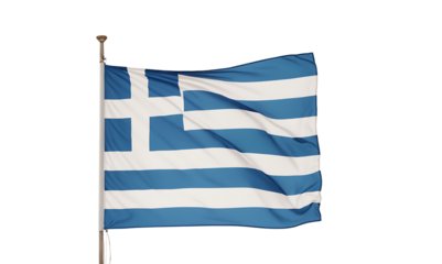 The national flag of Greece, featuring nine blue and white horizontal stripes with a white cross on a blue canton. Perfect for representing Greek culture, history, sports, or national pride. Transpare