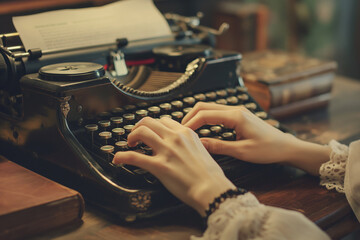 content for digital online and hand typing old keyboard