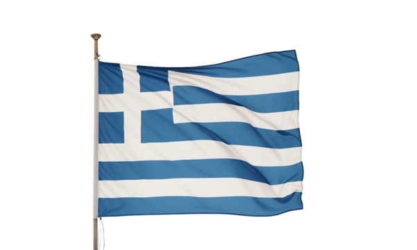 The national flag of Greece, featuring nine blue and white horizontal stripes with a white cross on a blue canton. Perfect for representing Greek culture, history, sports, or national pride. Transpare