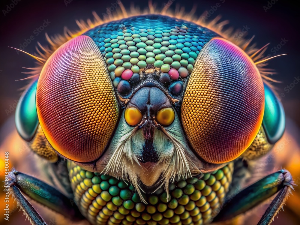 Poster vivid macro image of a fly's compound eye featuring intricate patterns of hexagonal facets and delic