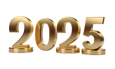  Shiny, metallic gold 3D numbers spelling out "2025" on individual pedestals. Perfect for New Year's celebrations, futuristic designs, or marking upcoming events and milestones. Transparent PNG for se