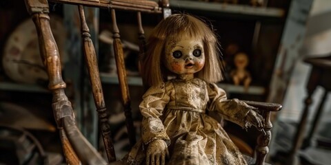 Obraz premium Creepy Doll on a Rocking Chair