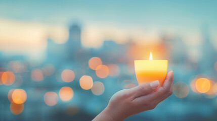 Hand holding lit candle against softly blurred cityscape background at dusk