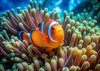 Vibrant orange clown fish swim amidst wavy tentacles of a lush anemone, surrounded by crystal clear turquoise water, in stunning ultra-high definition 4K detail.