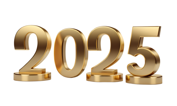  Shiny, metallic gold 3D numbers spelling out "2025" on individual pedestals. Perfect for New Year's celebrations, futuristic designs, or marking upcoming events and milestones. Transparent PNG for se