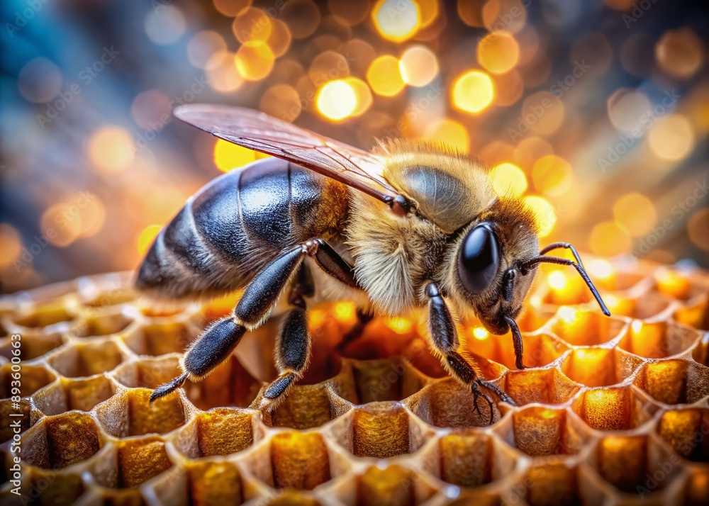 Poster macro shot of a busy bee perched on a honeycomb, showcasing its fuzzy body and intricate honeycomb p