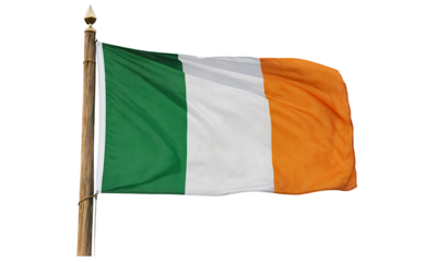 The national flag of Ireland, a tricolor of green, white, and orange, waves proudly against a clear white background. Perfect for representing Irish culture, heritage, sports, or national pride. Trans