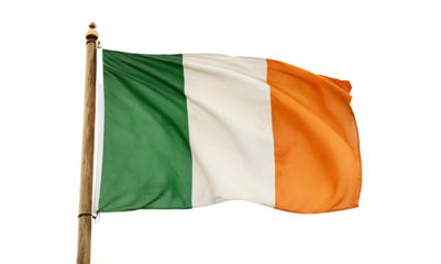 The national flag of Ireland, a tricolor of green, white, and orange, waves proudly against a clear white background. Perfect for representing Irish culture, heritage, sports, or national pride. Trans