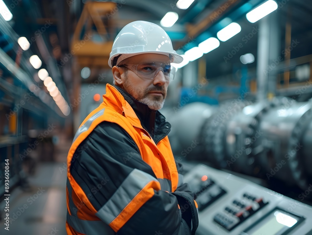 Poster worker in hard hat inspecting machinery on production line ensuring and efficiency in industrial set
