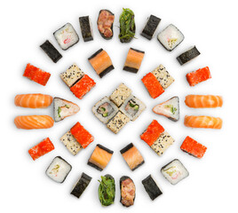 Sushi platter isolated on white background. Japanese food restaurant delivery - maki california rolls big party set, top view