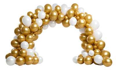  An elegant archway created with a cluster of gold and white balloons, perfect for weddings, birthdays, anniversaries, or any festive celebration.