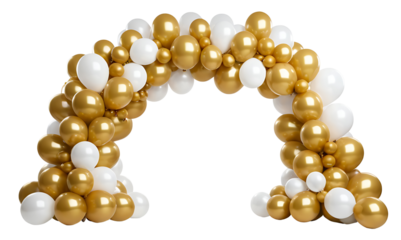  An elegant archway created with a cluster of gold and white balloons, perfect for weddings, birthdays, anniversaries, or any festive celebration.