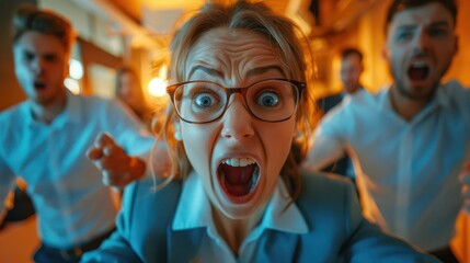 Fototapeta premium A businesswoman screams in excitement with two colleagues behind her, all looking surprised.