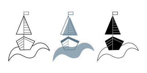 Front view of a set with three boats on a wave. Doodle clip art for your projects.