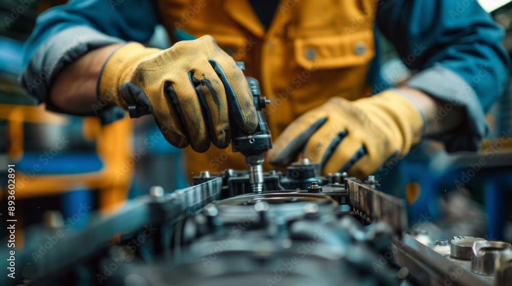 Poster close-up of a factory worker's hands wearing gloves while using a power tool on an assembly line.