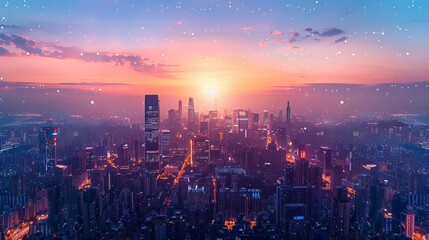 Evening city skyline view with twilight glow, City at dusk, tranquil urban scene