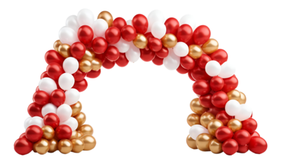 A festive balloon arch with red, gold, and white balloons, perfect for weddings, parties, holidays, or any celebration. Transparent PNG for easy integration into designs.