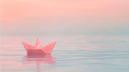 Obraz premium Pink Origami Paper Boat Floating on Calm Water Surface with Soft Pastel Sky Background for Minimalist and Peaceful Design Concepts in Stock Photography