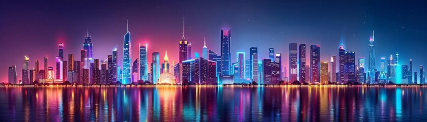 Obraz premium Vibrant city skyline at night with neon lights, Modern cityscape, urban nightlife