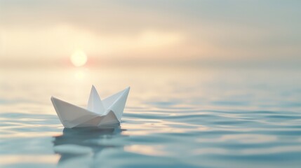 Obraz premium Origami Paper Boat Floating on Calm Reflective Ocean at Sunset Horizon in Soft Light - Tranquil Marine Scene with Artistic Touch