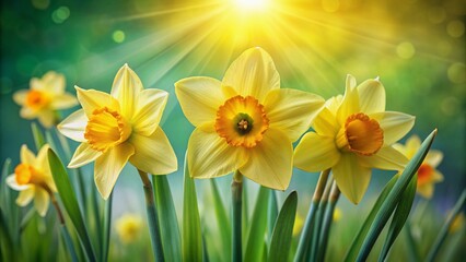 Obraz premium Vibrant yellow daffodil blooms against soft green background, showcasing intricate trumpet-shaped center and delicate, curved petals, symbolizing hope and new beginnings.