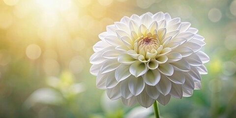 Delicate petals of a fresh white dahlia flower unfold in intricate detail, soft focus background provides ample copy space for text or design elements.