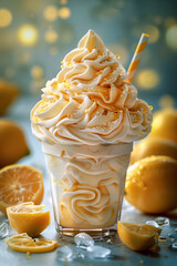 Lemon ice cream float served in a frosty glass bowl surrounded with fresh lemons.