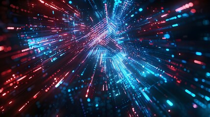 Obraz premium Abstract Glowing Blue and Red Lights Digital Background Representing Data Transfer or Technology in Dark Space, Futuristic Design Concept for Big Computer Systems