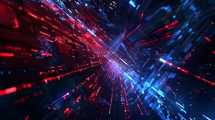 Obraz premium Abstract Glowing Blue and Red Lights Digital Background Representing Data Transfer or Technology in Dark Space, Futuristic Design Concept for Big Computer Systems