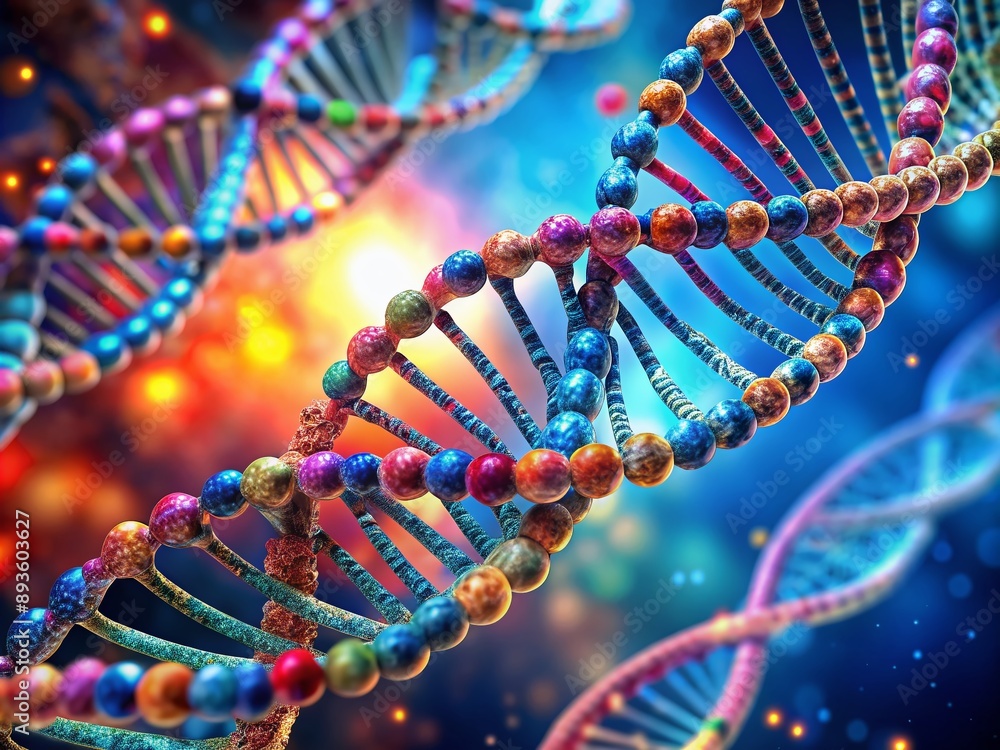 Poster colorful microscopic image of a dna double helix molecule, showcasing its twisted ladder-like struct