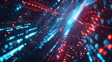 Fototapeta premium Abstract Glowing Blue and Red Lights Digital Background Representing Data Transfer or Technology in Dark Space, Futuristic Design Concept for Big Computer Systems
