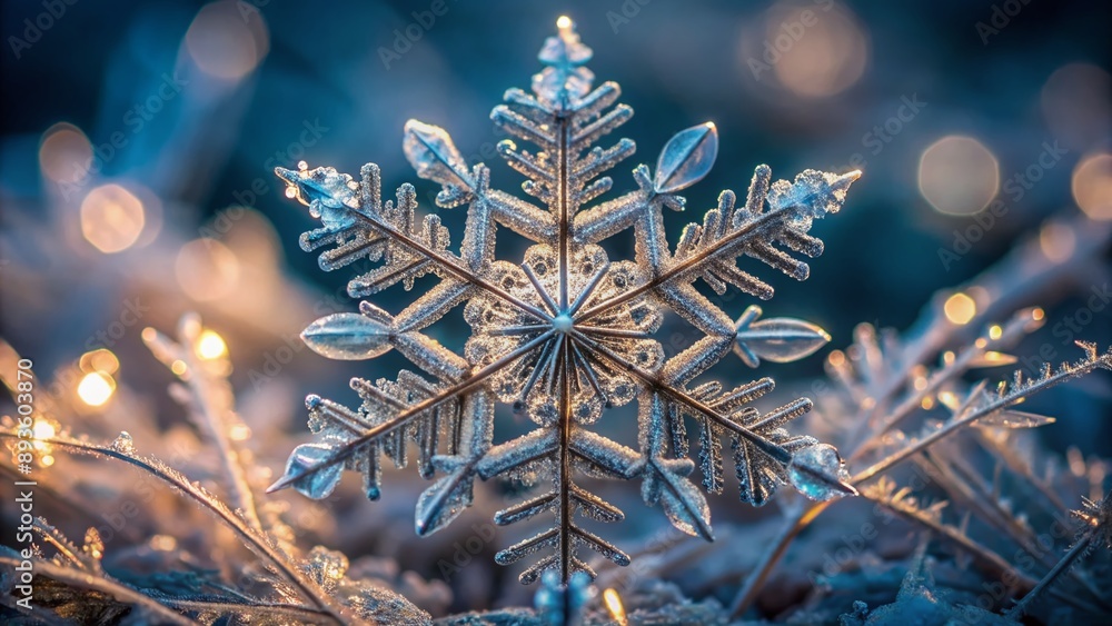 Poster intricate snowflake crystal showcases delicate details and symmetrical patterns in stunning close-up