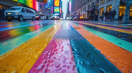 Obraz premium Vibrant street art in the rain colorful urban crosswalk with wet reflections in a bustling city