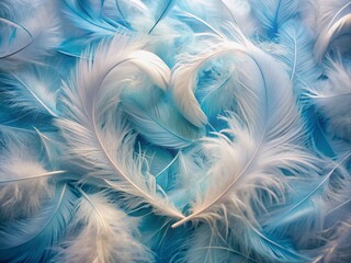 Delicate blue and white feathers softly intertwined, evoking love and tenderness, perfect for Valentine's Day, conveying affection and romantic sentiment through gentle texture.