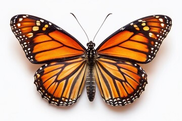 Vibrant orange and black monarch butterfly with delicate open wings spreads majestically, showcasing intricate veining, a symbol of summer's warmth and migratory wonders, on pure white background.