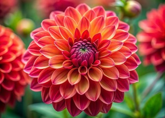 Vibrant red-centered dahlia flower with delicate, intricately layered petals in soft hues, showcasing its mesmerizing beauty and making it perfect for macro photography or floral design.