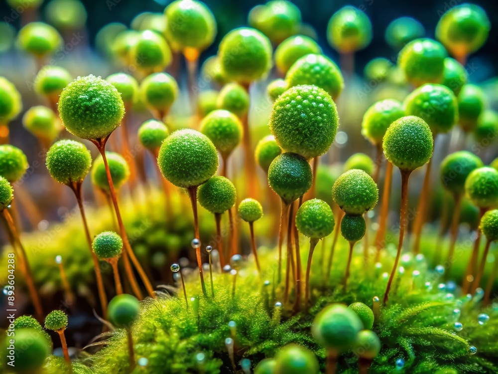 Poster vibrant green moss spores burst forth in intricate detail, showcasing tiny spherical structures and 