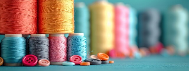 Vibrant display of thread spools and assorted buttons on a rustic sewing background, perfect for crafting enthusiasts and fashion designers.