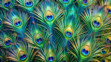 Vibrant peacock feathers displaying stunning iridescent blues and greens, perfectly arranged on a minimalistic background, ideal for carnival costume inspiration with ample copy space.