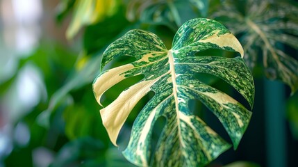 Close-up of a rare variegated Monstera with its unique leaf patterns