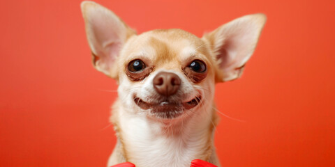 Obraz premium A cute Chihuahua with a funny smile, on a red background
