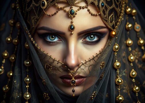 Intricate embroidery on a black veil forms a stunning backdrop for an intense, mysterious gaze, with golden threads dancing around dark, exotic eyes.