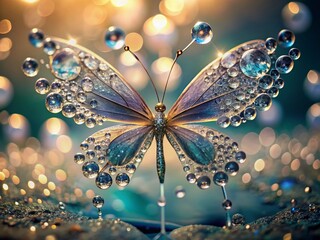 Obraz premium Delicate water droplets suspended in air form a mesmerizing butterfly shape, refracting light and showcasing intricate details, against a soft, blurred background.