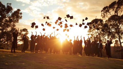 Imagine a picturesque graduation ceremony at sunset, with students happily throwing caps to celebrate their achievements, creating a scene of success and happiness in a moment of academic pride