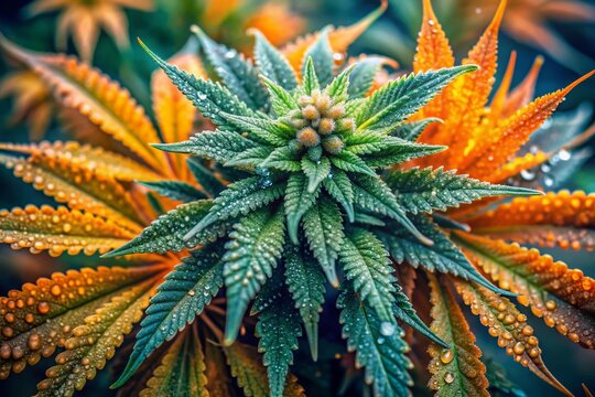 Vibrant green buds and leaves with orange and yellow hues, intricate textures and water droplets, creating a stunning abstract composition of a cannabis plant.