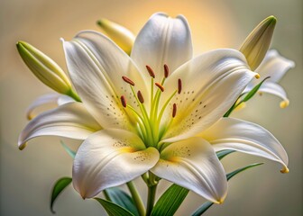 Fototapeta premium Delicate, intricate details of lily flower stamens, soft yellow anthers surrounded by white filaments, against a gentle, creamy background, showcasing nature's elegance.