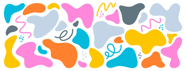 Set of liquid organic blob shape, irregular abstract blotch. Colorful simple freeform, asymmetric blot form graphic element. Random deformed figures, wavy uneven spots, fluid amoeba splodges and lines