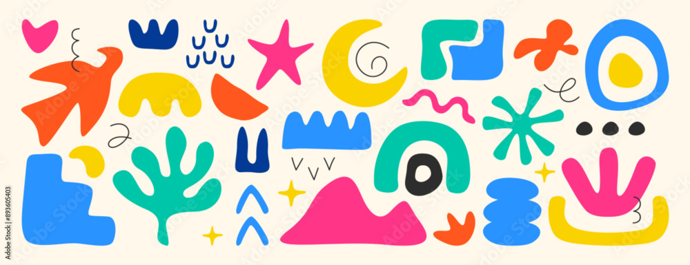 Poster vector set of abstract simple geometric shapes, lines and nature forms. collection of hand drawn tre