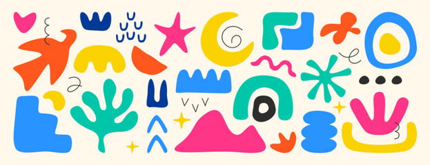 Vector set of abstract simple geometric shapes, lines and nature forms. Collection of hand drawn trendy basic figures, organic matisse elements. Freehand freeform color objects, floral plants, leaves.